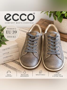 ECCO Women’s Leather Lace Up Sneakers Taupe Gray EU 39 US 8-8.5 Comfort